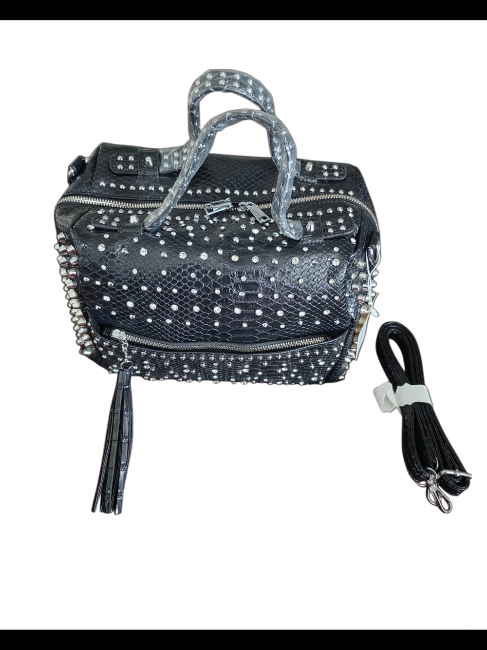 Brand New Black Studded Satchel Bag with Tassel & Black Sequined Flask - Picture 8 of 8